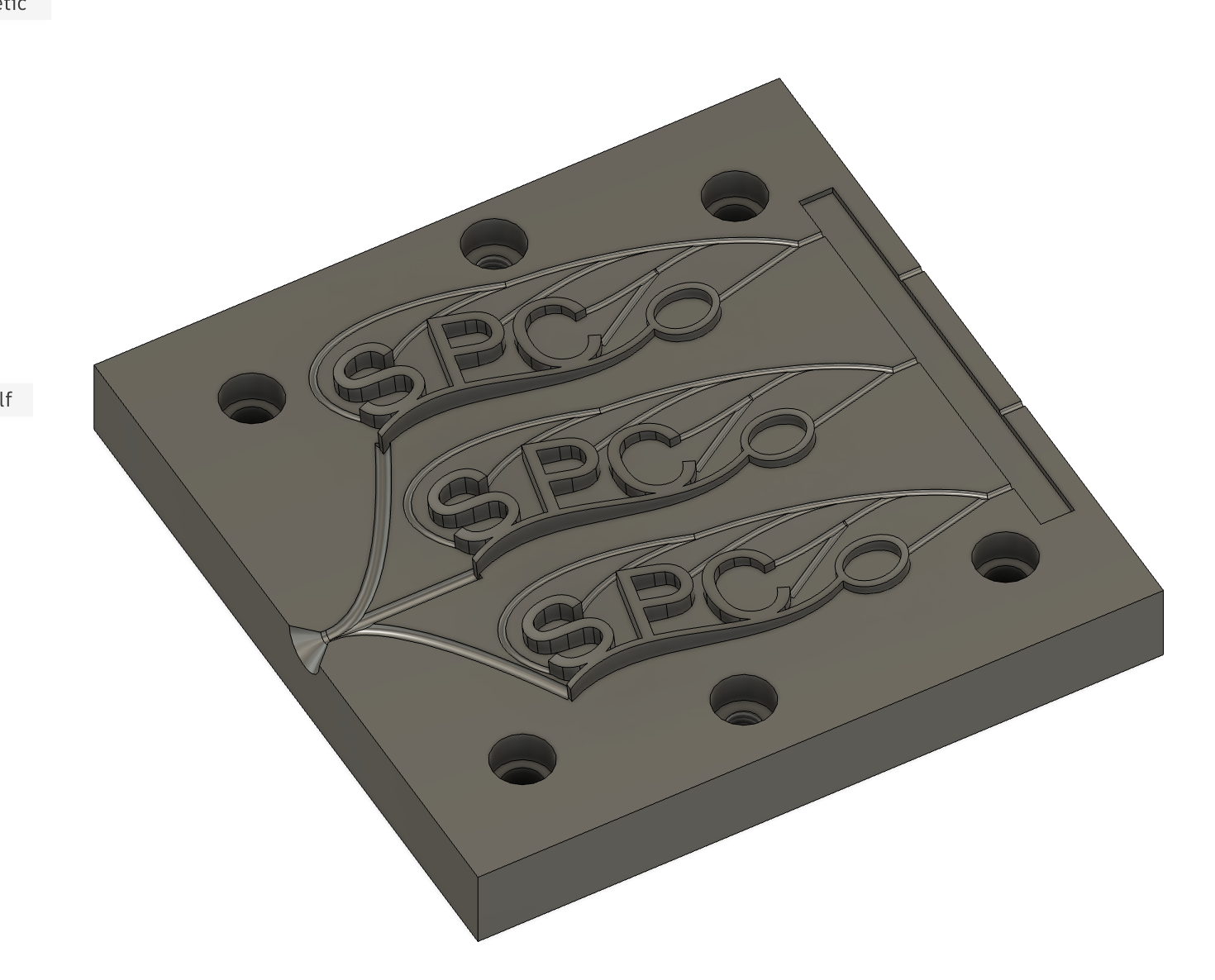 SPC logo 3-cavity injection mold — balanced runner system and cavity layout