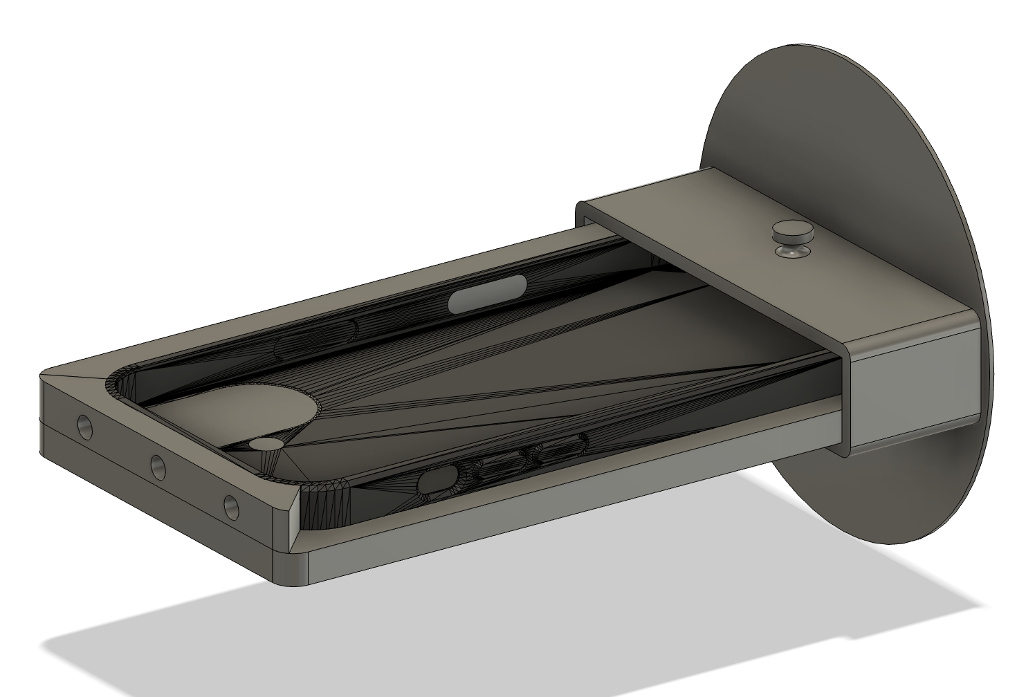 iPhone case injection mold — open 3D CAD view showing cavity and gate