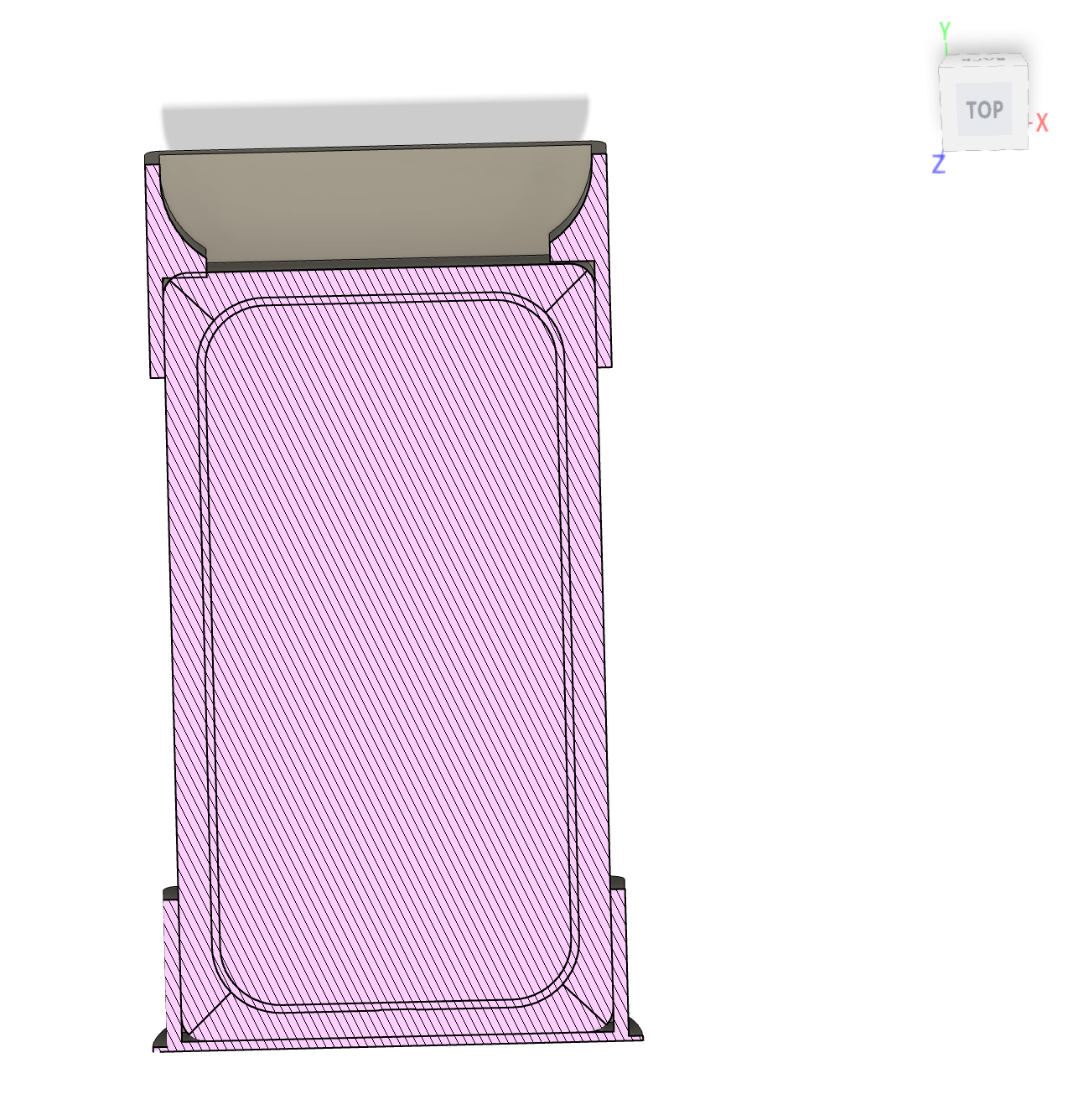 iPhone case mold cross-section — top view showing cavity halves and runner