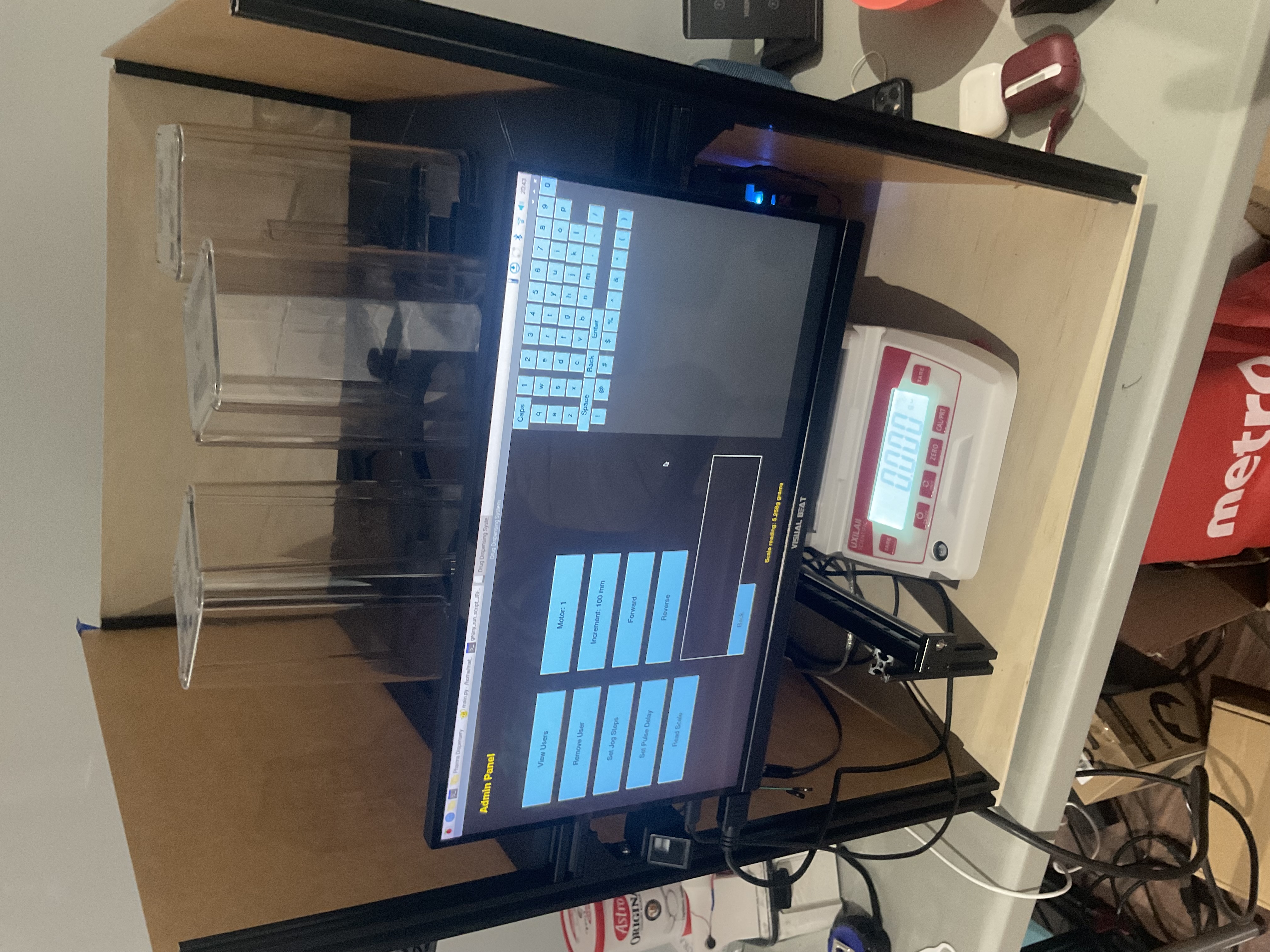 Automated compound pharmacy — touchscreen admin panel, precision scale, and dispensing hardware