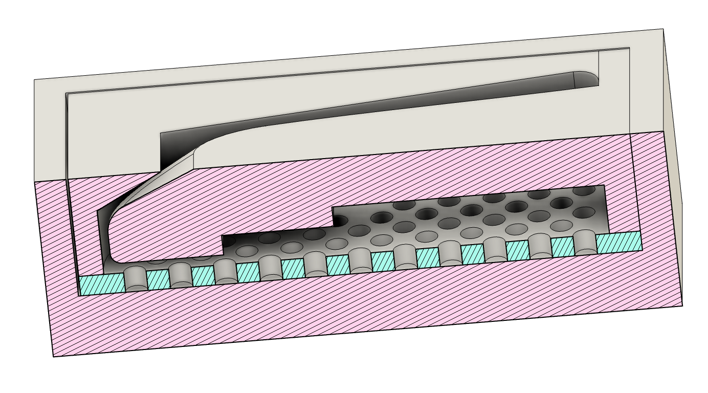Tactile sensor casting mold — section view showing bump array, electrode pockets, and lid