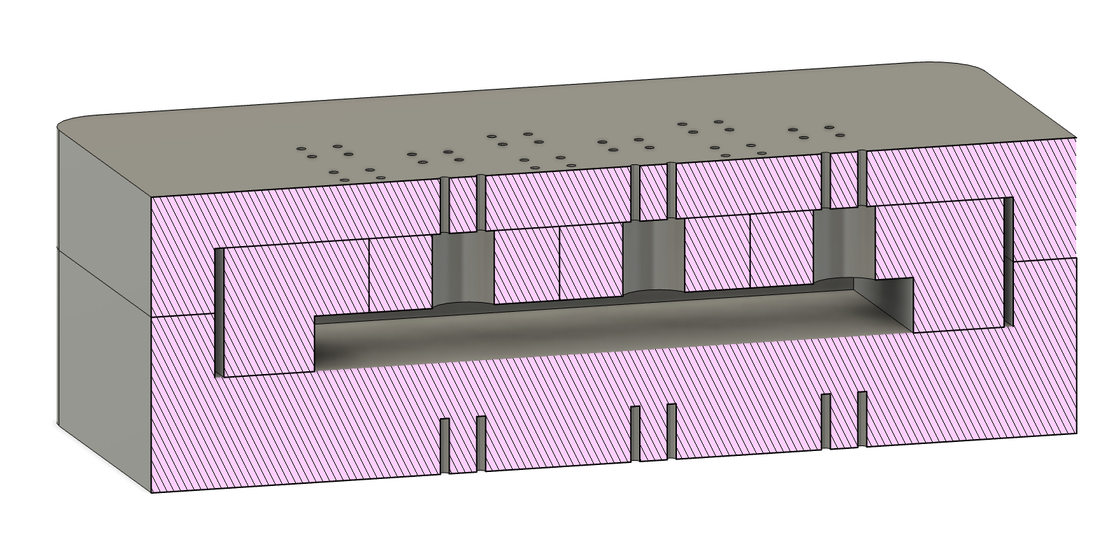 Tactile sensor mold — section view showing internal channel structure and ejector pins