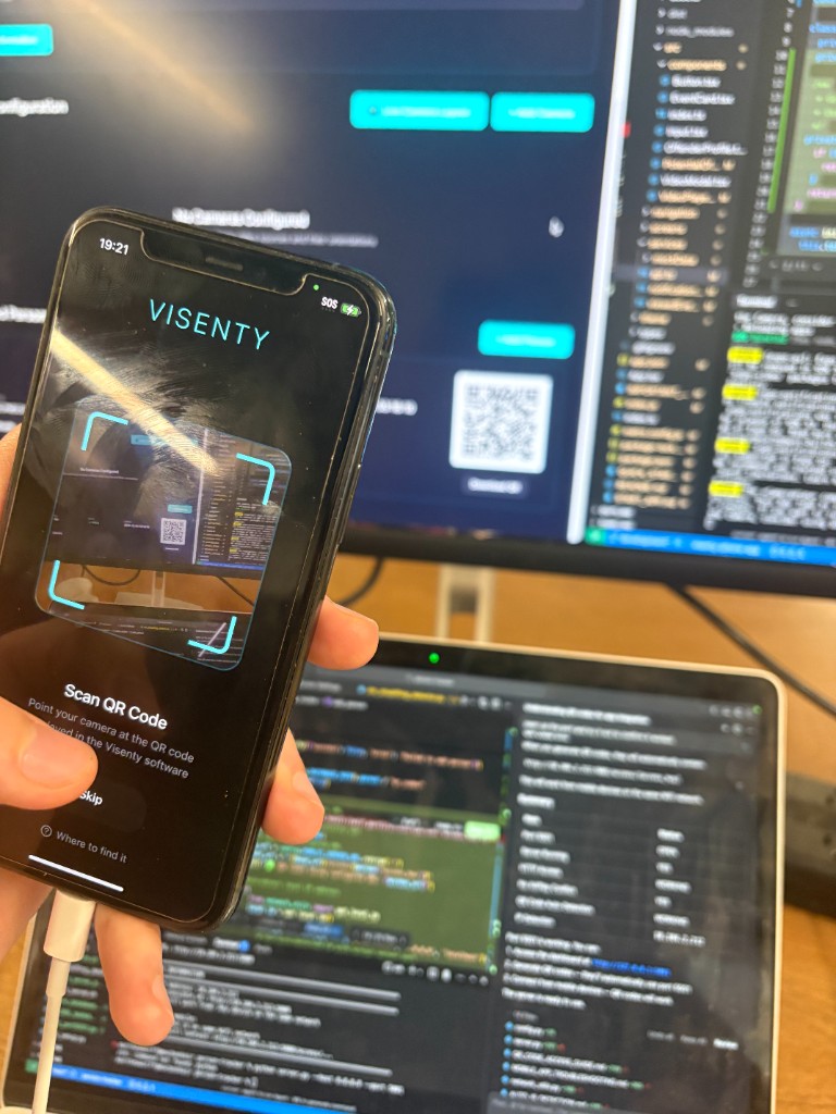 Visenty mobile app onboarding and QR code setup screen
