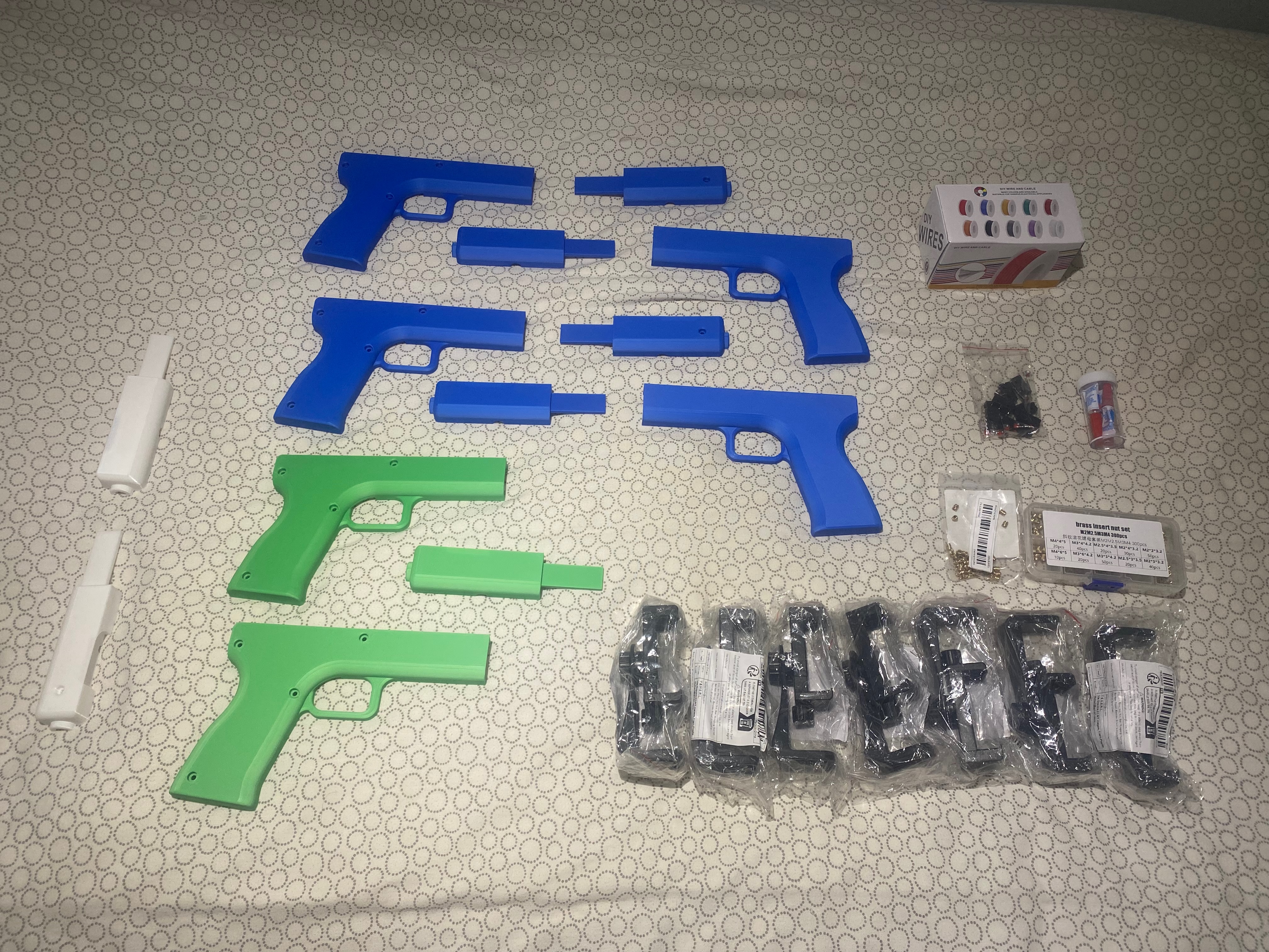 All printed parts and hardware components laid out